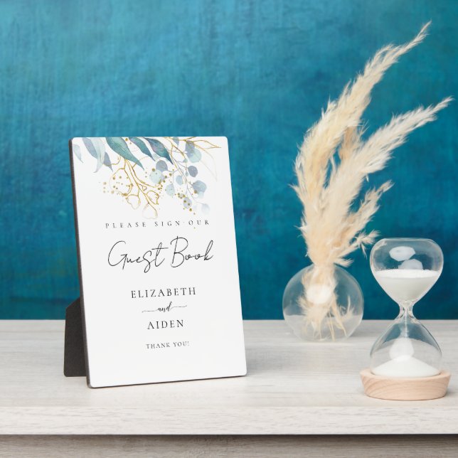 Plaque Photo Livre d'or de mariage Blanc (Imiter) Or Bleu (Côté)