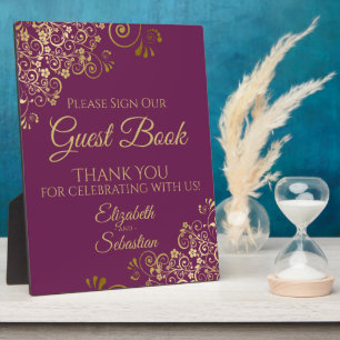 Plaque Photo Livre d'or de mariage Gold & Cassis Purple Sign Ou