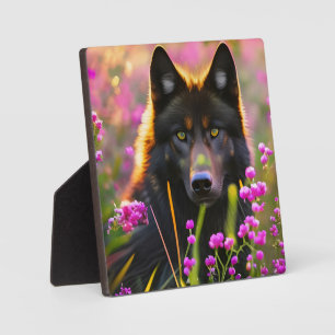 Plaque Photo Loup noir en fleurs roses