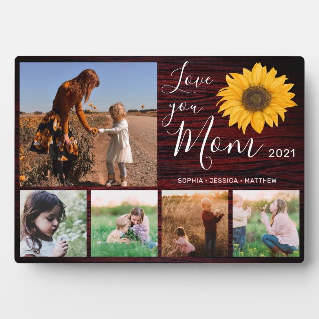 Plaque Photo Love You Mom Family Photo Collage Tournesol rustiq (Devant)