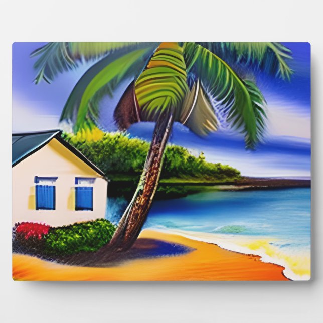 Plaque Photo Maison de plage blanche et eau bleue (Devant)