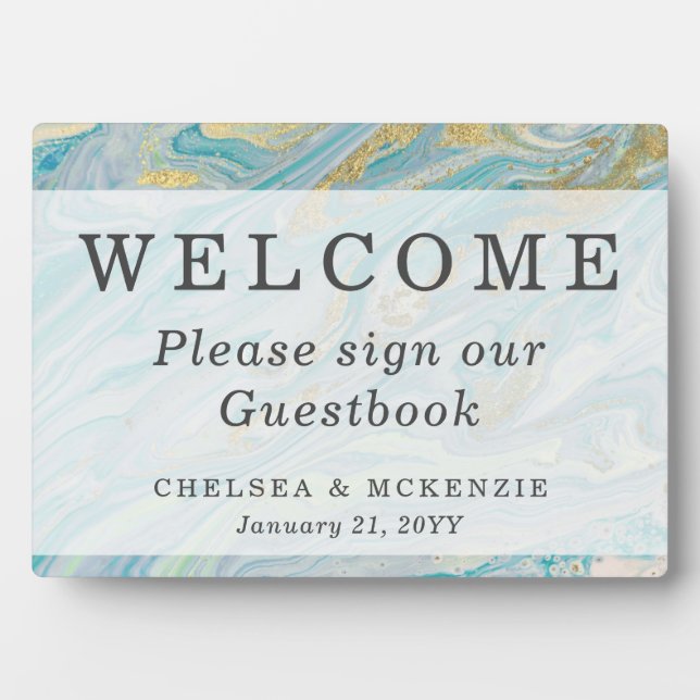 Plaque Photo Marbre d'or et turquoise Bienvenue Mariage livre d (Devant)