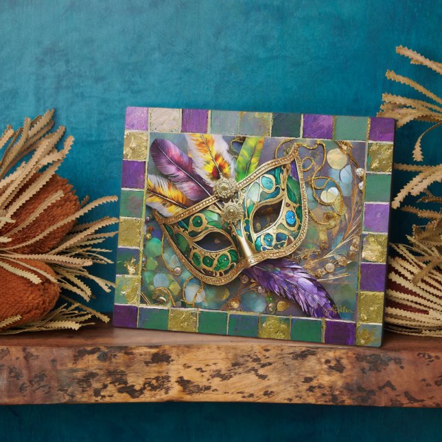 Plaque Photo Mardi Gras Masque de plumes vert et doré (Côté)