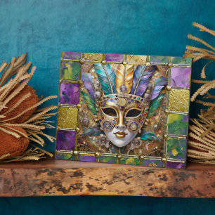 Plaque Photo Mardi Gras Or & Céramique Masque de plumes colorée