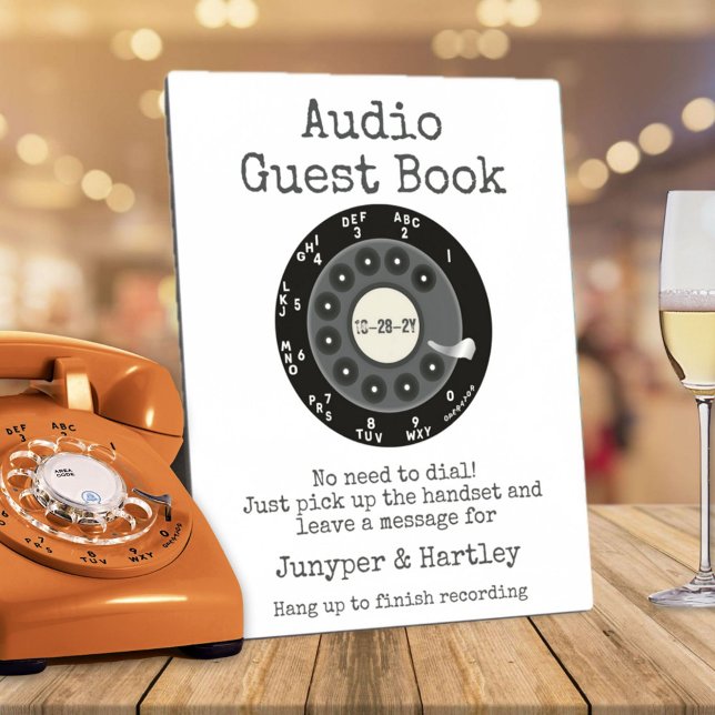 Plaque Photo Mariage Audio Guest Book Black Rotary Dial Signal (Audio Guest Book Personalized 8x10 easel sign - black rotary dial- white background)