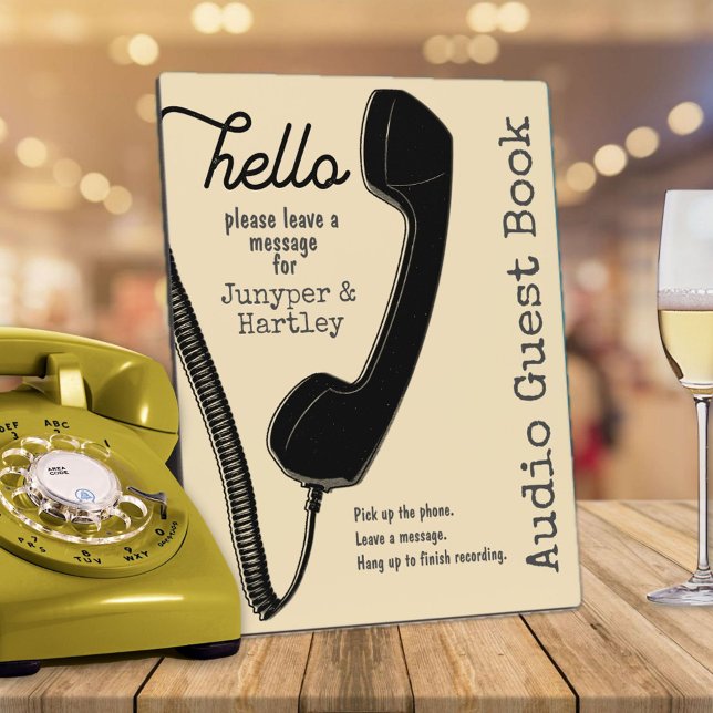 Plaque Photo Mariage Audio Invest Book Black Phone on Cream 8x1 (Hello - Wedding Audio Guest Book Sign in Cream Off-White)