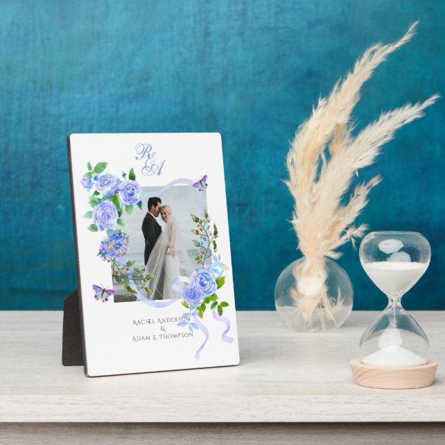 Plaque Photo Mariage photo Rose bleu ruban (Côté)