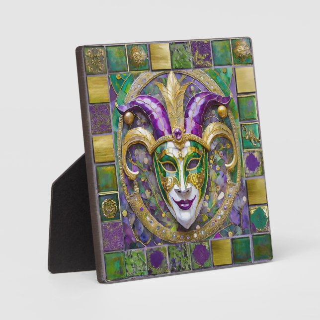 Plaque Photo Masque Mardi Gras Jester Vert Or (Recto)