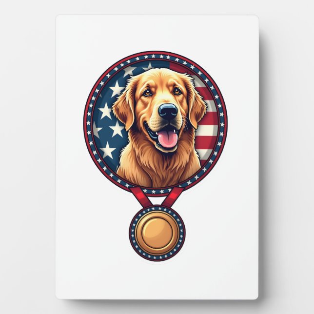 Plaque Photo Médaille de Golden Retriever Patriotique Vintage T (Devant)