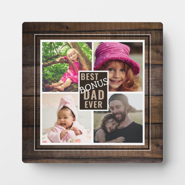Plaque Photo Meilleur Bonus Papa Ever 4 Photo Collage Bois rust (Devant)
