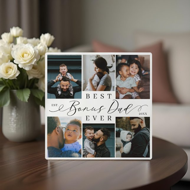 Plaque Photo Meilleur Bonus Papa jamais | Fête des pères 6 Coll (Best Bonus Dad Ever | Father's Day 6 Photo Collage Plaque)