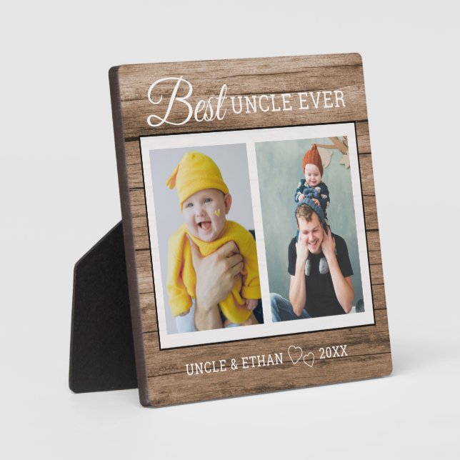 Plaque Photo Meilleur Oncle Ever 2 Photo Collage Bois rustique (Recto)