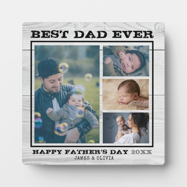 Plaque Photo Meilleur papa Ever 4 Photo Famille Collage Gris Bo (Devant)
