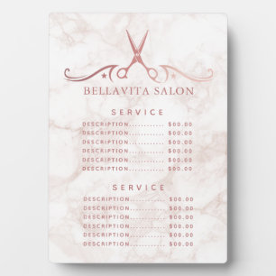 Plaque Photo Menu de Prix du Salon Rose Gold Marble
