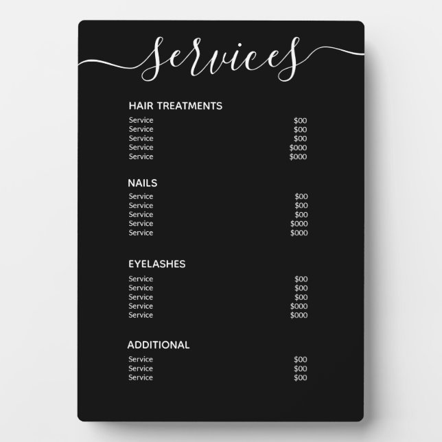 Plaque Photo Menu du service de tarif du salon noir simple mode (Devant)
