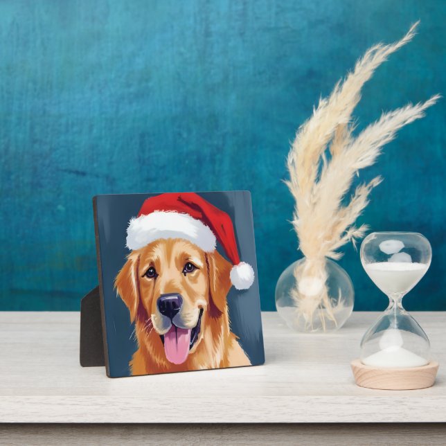 Plaque Photo Merry Golden Retriever | Noël du chien de Santa Ha (Insitu)