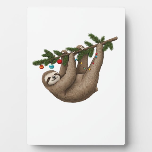 Plaque Photo Merry Sloth on Christmas Tree Branch with Ornament (Devant)