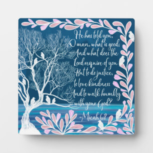 Plaque Photo Micah 6:8 Turquoise Bleu Blanc Arbre Oiseaux Bible