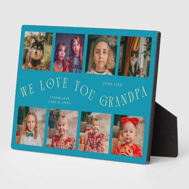 Plaque Photo Modern 8 Photo Grid Love You Grandpa Aqua Blue (Côté)