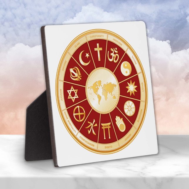 Plaque Photo Monde de la foi (World of Faith Plaque.
Gold symbols of international religions surround a world map. )