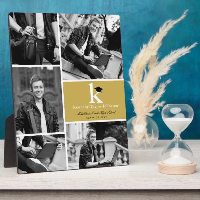 Plaque Photo Monogramme classique Blocs d'or 5 Photo Graduation (Côté)