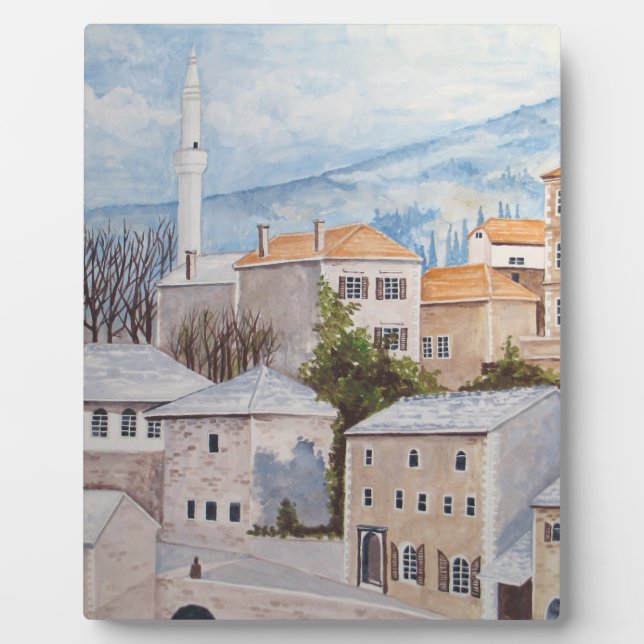 Plaque Photo Mostar, Bosnie - Peinture Townscape Acrylique (Devant)
