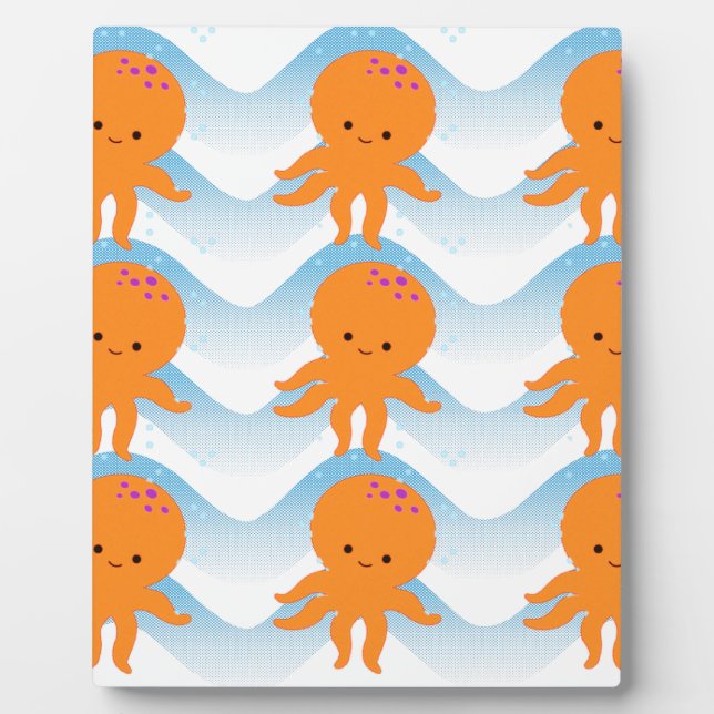 Plaque Photo Motif Octopus Orange Et Vagues Bleues (Devant)
