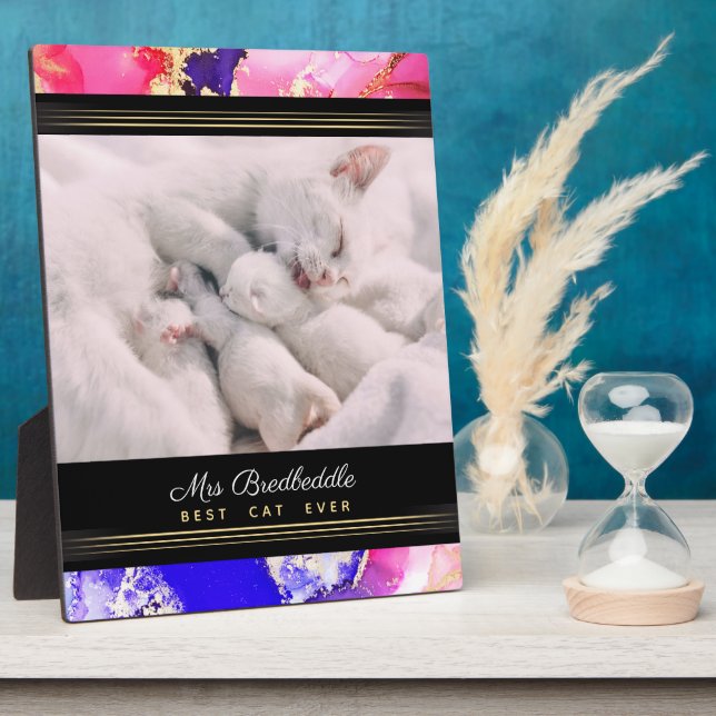 Plaque Photo Named Best Cat Ever Photo Template Pink Abstract (Côté)