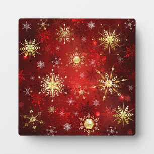 Plaque Photo Noël Golden Snowflakes sur Arrière - plan rouge