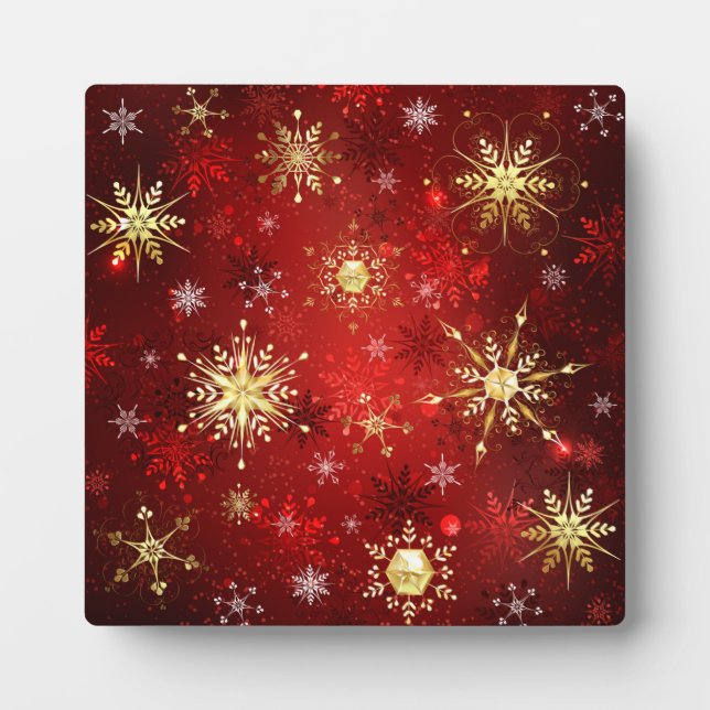Plaque Photo Noël Golden Snowflakes sur Arrière - plan rouge (Devant)