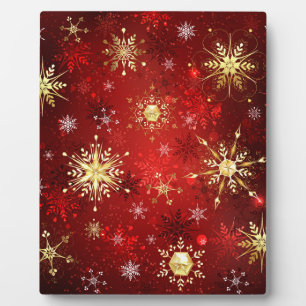 Plaque Photo Noël Golden Snowflakes sur Arrière - plan rouge