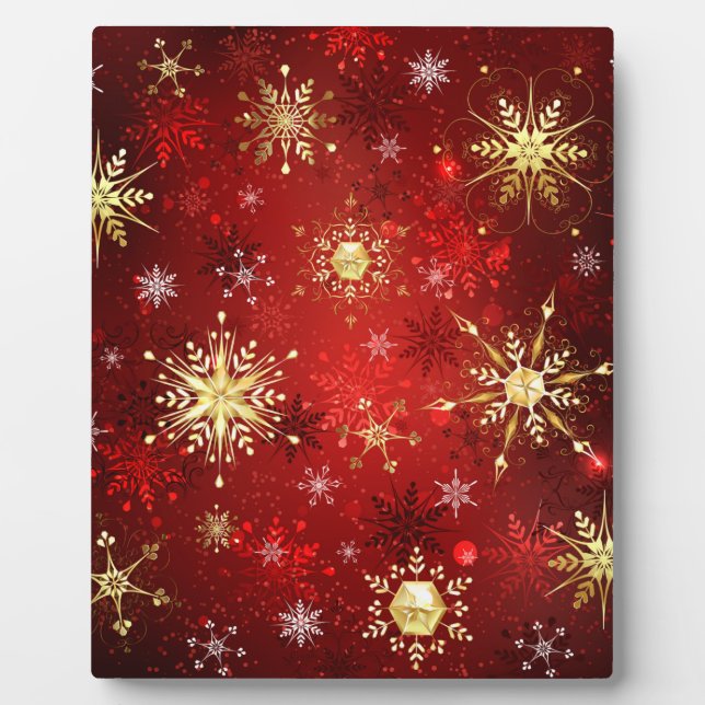 Plaque Photo Noël Golden Snowflakes sur Arrière - plan rouge (Devant)