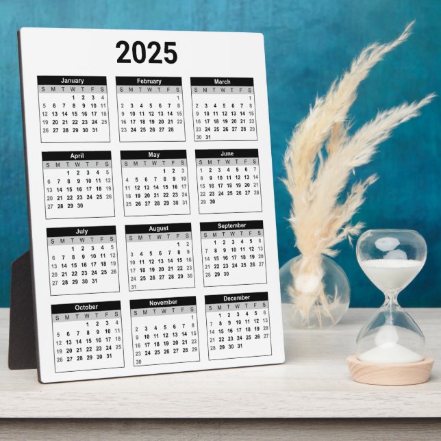 Plaque Photo Noir et blanc 2025 Année à un coup d'oeil Calendri (Côté)