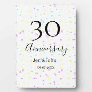 Plaque Photo Nom 30e anniversaire points bleus roses jaunes 