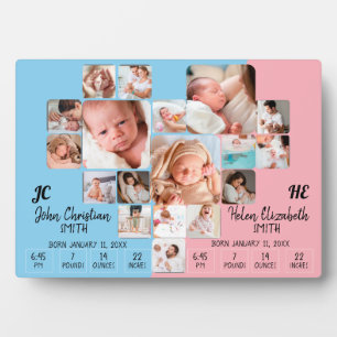 Plaque Photo Nouveau-né Twin Baby Stats Photo Collage Monogramm
