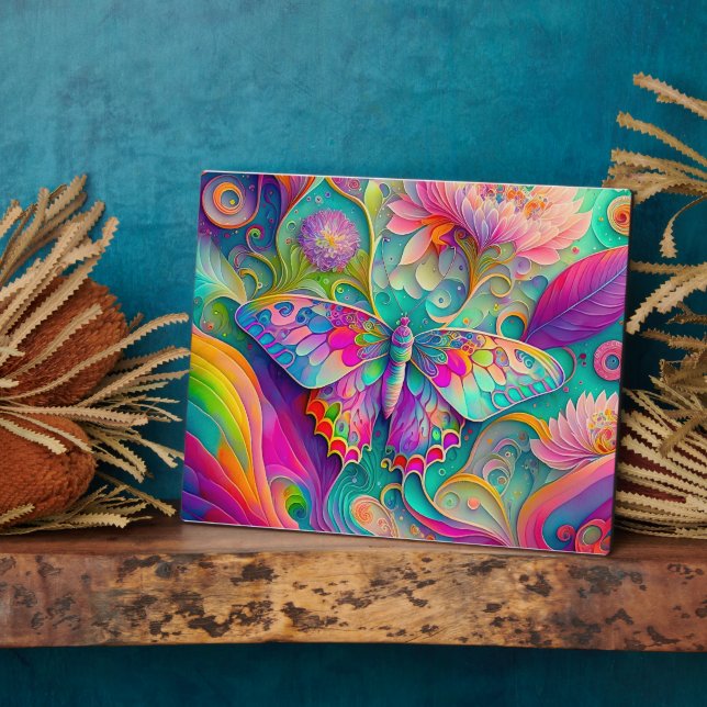 Plaque Photo Papillon psychédélique coloré et fleurs (Côté)