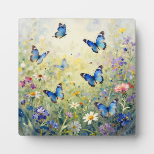Plaque Photo Papillons Bleus Aquarelle Prairie De Fleurs Sauvag