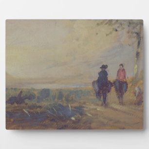 Plaque Photo Paysage avec lac et deux personnages à cheval, pré