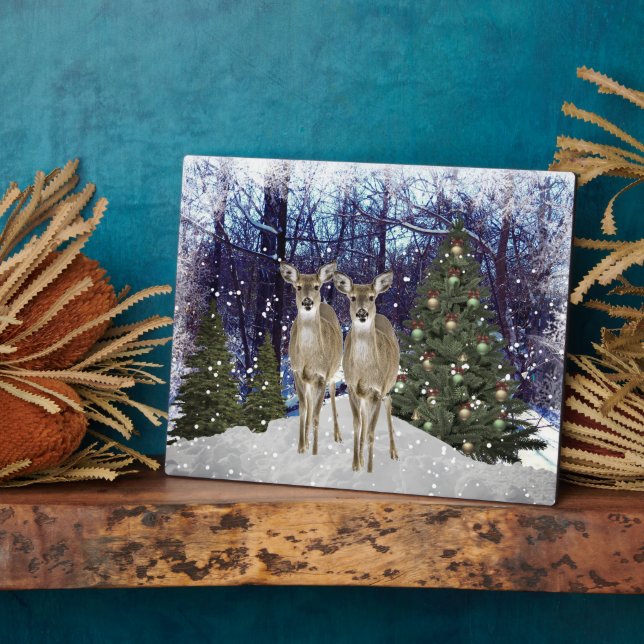 Plaque Photo Paysage hivernal Cerf et sapin de Noël  (Côté)