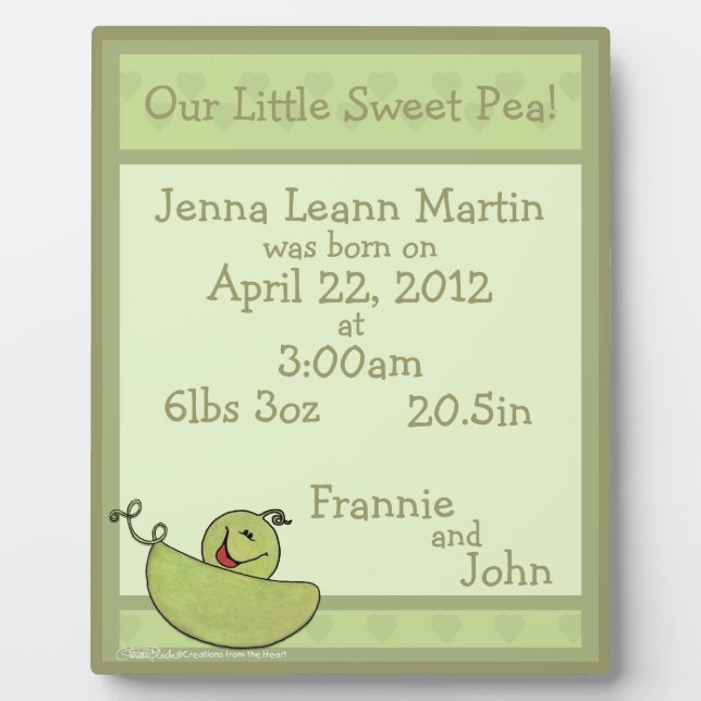 Plaque Photo Pea Pod Baby Information sur la naissance (Devant)