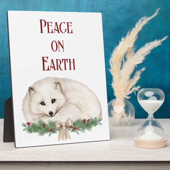 Plaque Photo Peace on Earth White Fox Holiday Tablett (Côté)