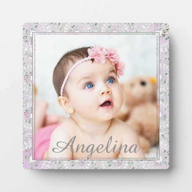 Plaque photo personnalisée rose et gris pour bébé (Devant)