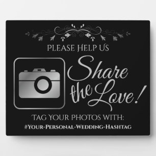 Plaque Photo Photo Mariage noir et argent Partager Hashtag