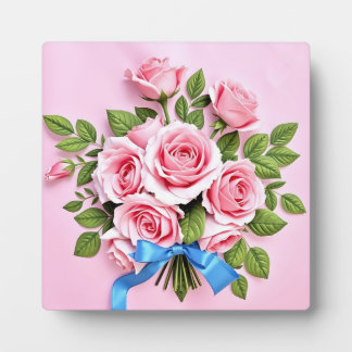 Plaque Photo Pink Roses Bouquet Ribbon Illustration