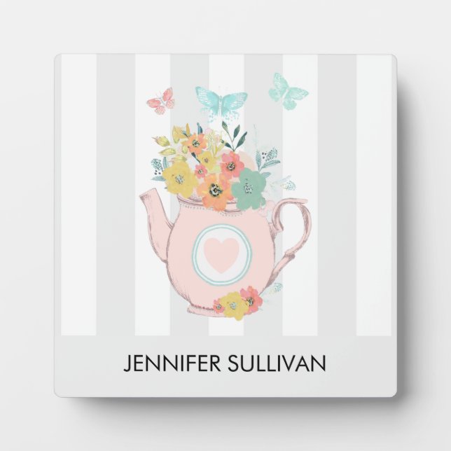 Plaque Photo Pink Teapot with Flowers & Butterflies (Devant)