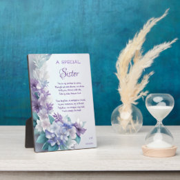 Plaque Photo Poème de sœur spéciale Pastel Mauve Bleu Floral 