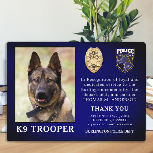 Plaque Photo Police K9 Agent de retraite Chien Police