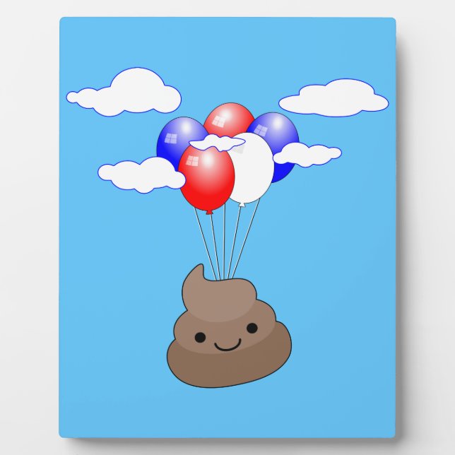 Plaque Photo Poo Emoji Voler Avec Des Ballons Dans Le Ciel Bleu (Devant)