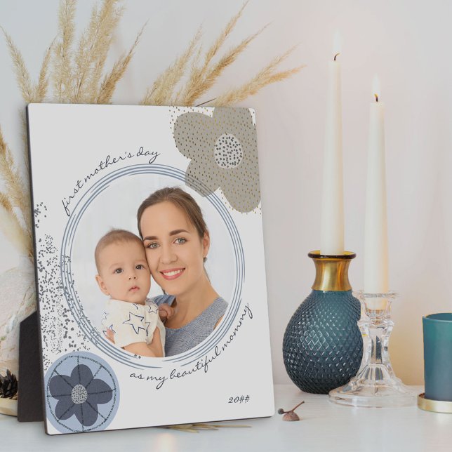 Plaque Photo Pop Art Flower Blue Grey Editable Occasion Photo (Créateur téléchargé)