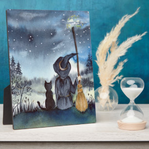 Plaque Photo Pour Halloween Chat noir et la Sorcière étoilée nu